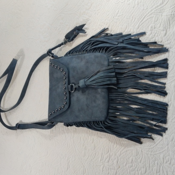 Jessica Simpson Blue Gray Leather Fringed  And Studded Crossbody Handbag Purse - Picture 1 of 14